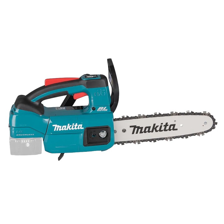 Makita DUC254Z elettrosega vista anteriore con barra 250 mm