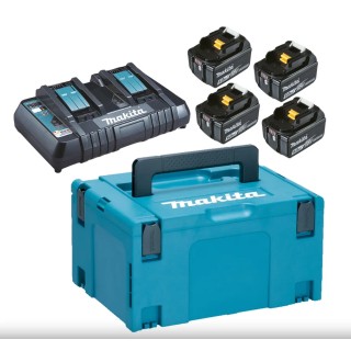 Chargeur double Makita 18V LXT® et quatre batteries de 5,0 Ah dans un étui Makpac.