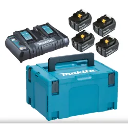 Chargeur double Makita 18V LXT® et quatre batteries de 5,0 Ah dans un étui Makpac.