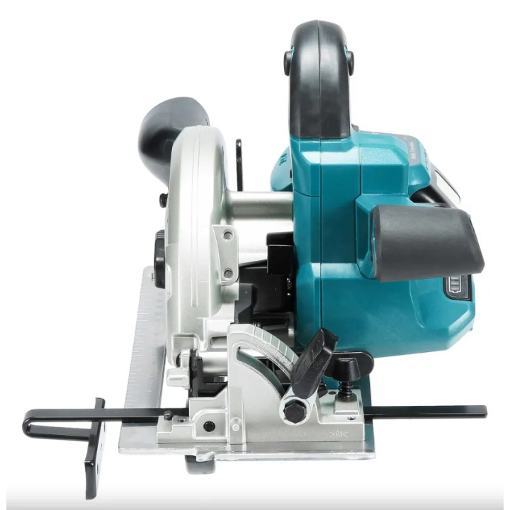 Vue latérale de la scie MAKITA DHS660ZJ montrant la semelle et le levier de réglage