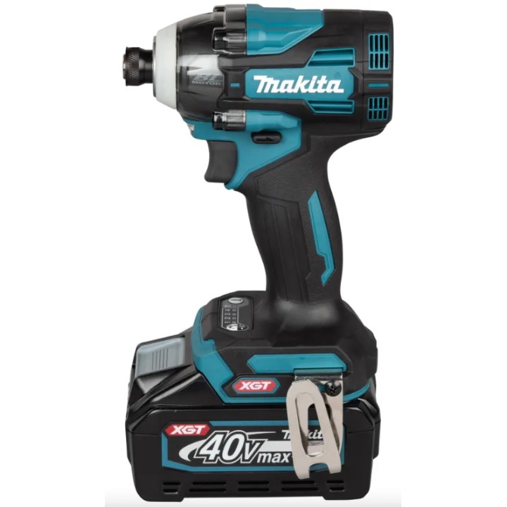 Makita TD004GD201 dettaglio impugnatura soft-grip e gancio laterale
