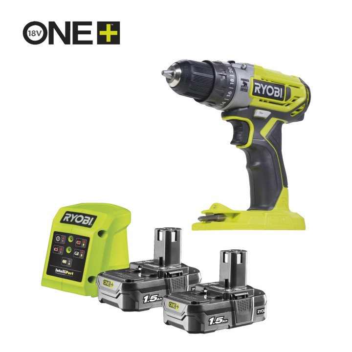RYOBI trapano avvitatore a percussione 18V vista frontale con mandrino 10 mm