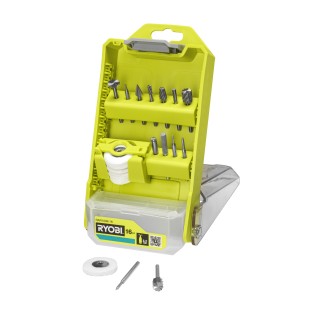 Kit RYOBI 16 accessoires sculpture/gravure avec mandrin et inserts, vue de l'ensemble