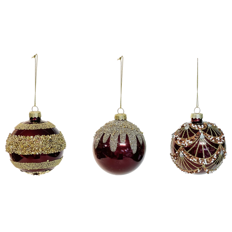 SET 12 SFERE NATALE VETRO CARDINAL 80MM BORDEAUX, MOD. ASS.