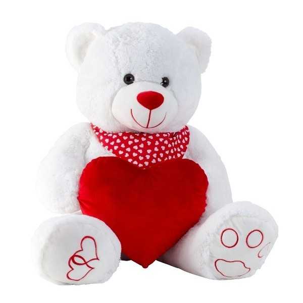 Ours en peluche blanc avec coeur et écharpe h – 100cm
