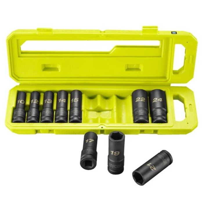 Dettaglio bussole esagonali RYOBI misure 10–24 mm con marcature