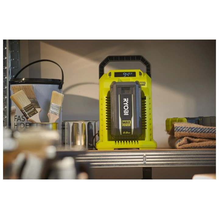 Chargeur Max Power 10A RYOBI monté au mur dans un atelier