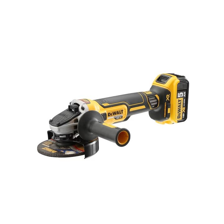 Smerigliatrice DEWALT 125mm vista frontale con protezione disco montata