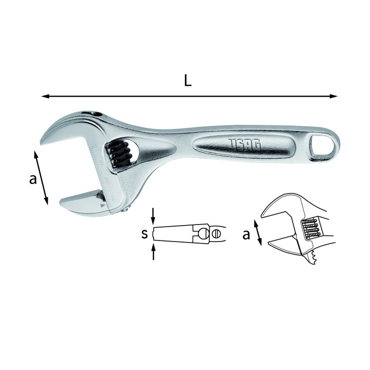 USAG 294 AC finitura cromata, vista completa della chiave corta per accessi ristretti