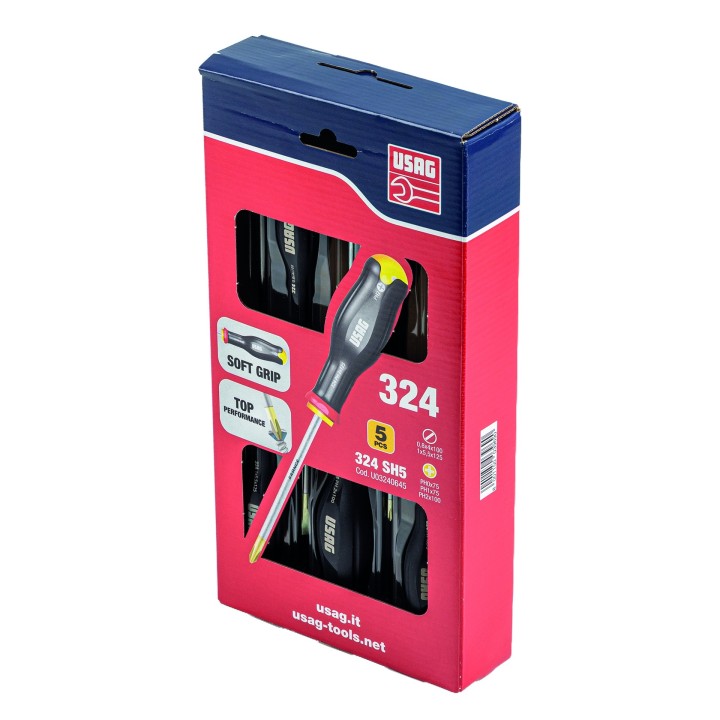 Dettaglio impugnature tri‑materiale e codice colore set giraviti USAG 324 SH5