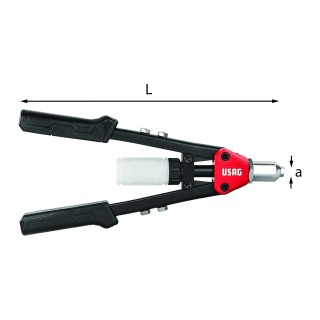 Rivettatrice dritta compatta USAG 995 LA vista laterale con serbatoio steli