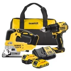 Dewalt Kit 2 Utensili XR 18V ​​4Ah + 2Ah Li-Ion Brushless - Trapano A Percussione Compatto  - Seghetto Alternativo