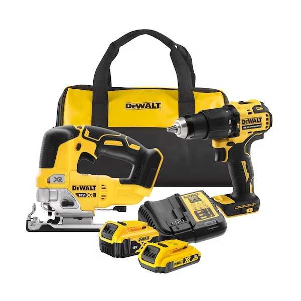 Dewalt Kit 2 Utensili XR 18V ​​4Ah + 2Ah Li-Ion Brushless - Trapano A Percussione Compatto  - Seghetto Alternativo