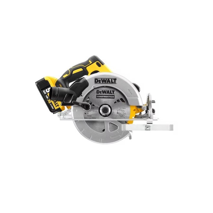 Détail de la lame 184 mm et de l'alésage 16 mm de la scie DEWALT