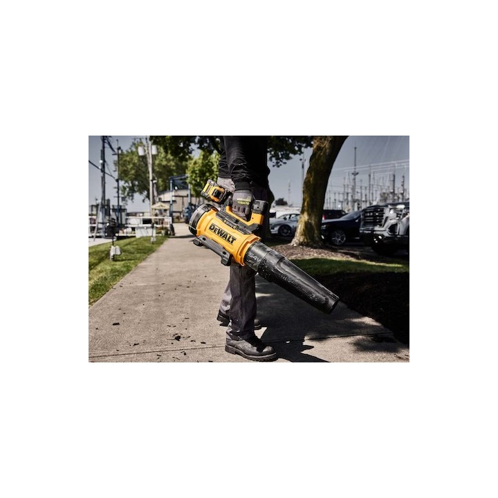 Souffleur DEWALT en utilisation sur espace extérieur avec feuilles
