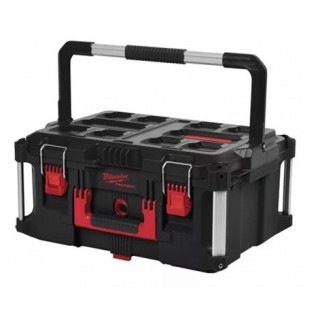 Boîte PACKOUT™ Large MILWAUKEE vue de face fermée avec fermetures rouges et poignée supérieure