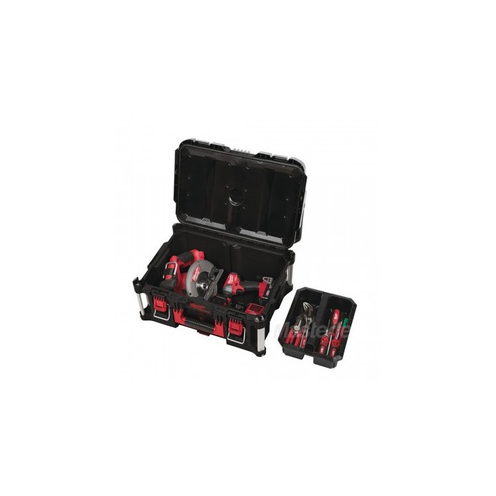 Moduli PACKOUT™ impilati con cassetta Large MILWAUKEE integrata nel sistema modulare