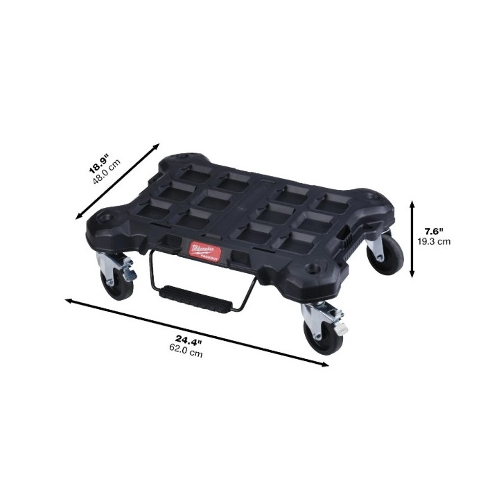 Milwaukee PACKOUT trolley piatto vista laterale con ruote robuste