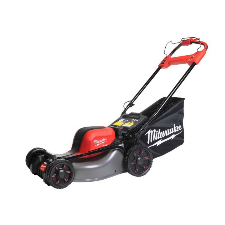 Tondeuse MILWAUKEE M18 FUEL vue latérale avec sac de collecte