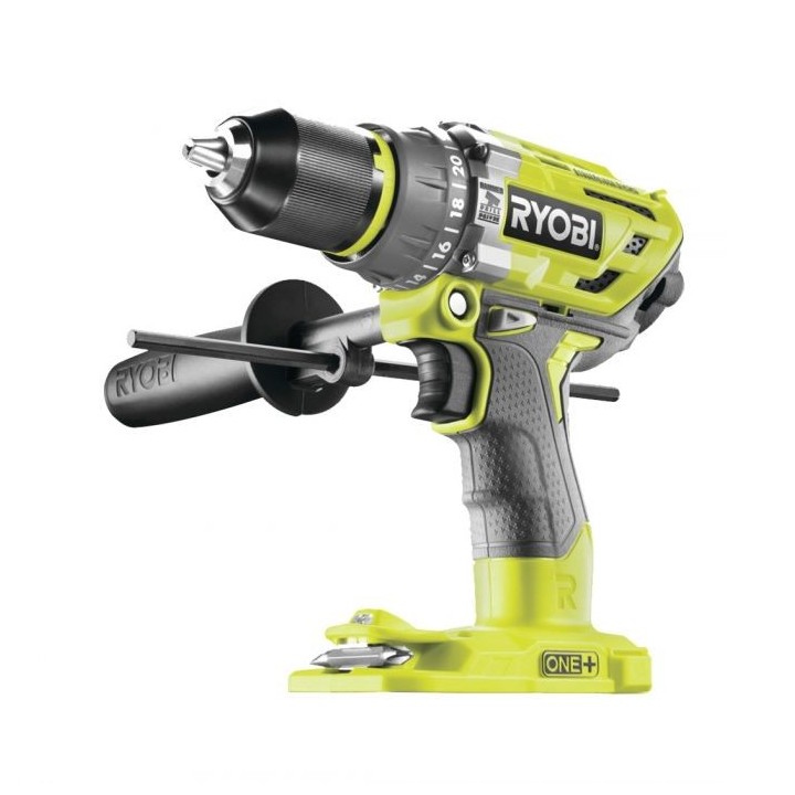RYOBI trapano a percussione brushless 18V vista frontale con mandrino 13 mm