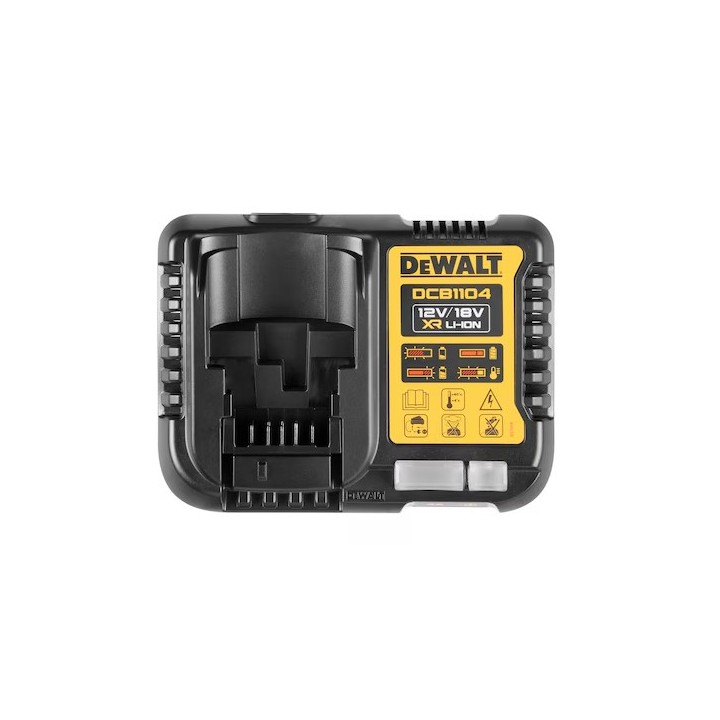 DEWALT DCB1104 chargeur multitension vue latérale avec aérations et fixation murale