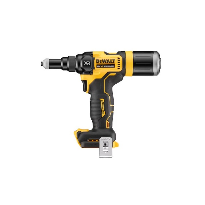 Rivettatrice DEWALT DCF403NT-XJ vista laterale con dettaglio impugnatura