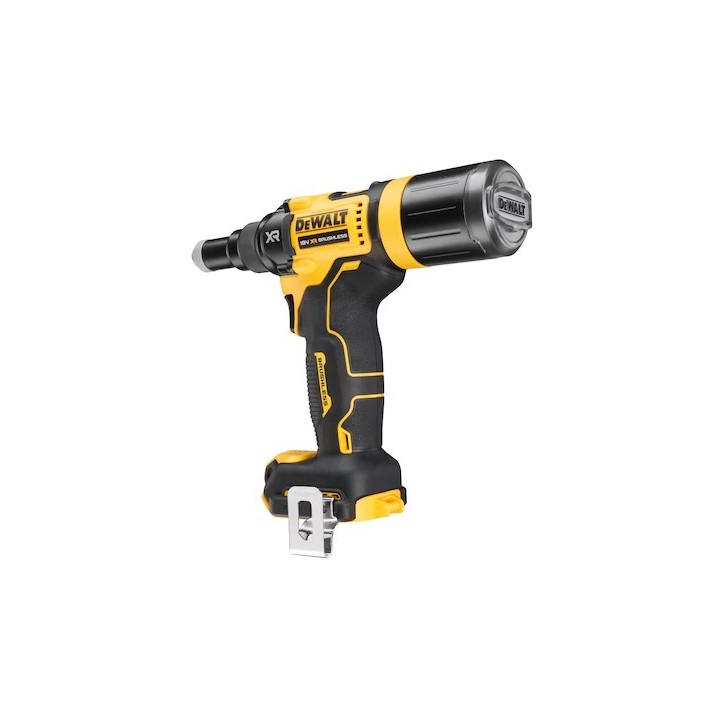 Rivettatrice DEWALT DCF403NT-XJ posizione di lavoro con naso montato