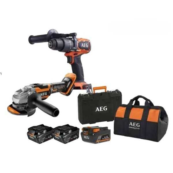 Aeg Kit A Batteria 18V 4Ah Trapano Avvitatore + Smerigliatrice