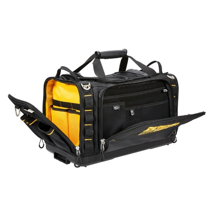 Détail poignée ergonomique et bandoulière rembourrée du sac DEWALT