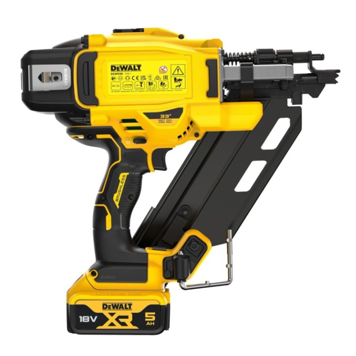 DEWALT DCN930P2-QW vue latérale avec crochet ceinture et crochet poutre