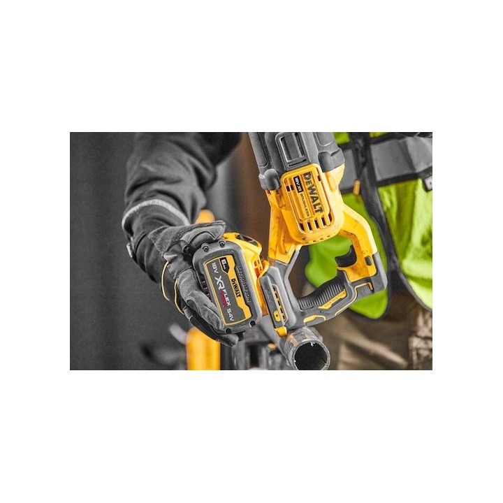 Vista laterale della sega DEWALT DCS386NT-XJ con motore brushless
