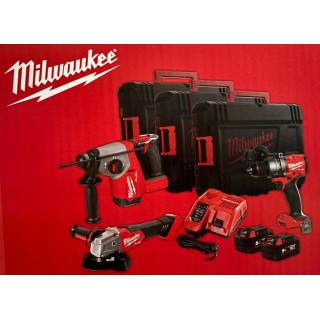 Kit MILWAUKEE M18 avec perceuse FPD3, meuleuse FSAG125X, perforateur FHAC16 et deux batteries 5Ah
