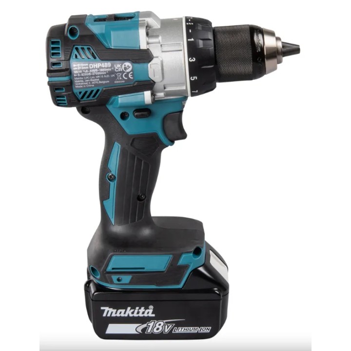 Makita DHP489RTJ vista anteriore con doppio LED e mandrino