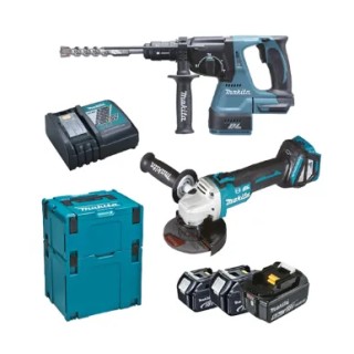 Ensemble Makita DLX2256TJ1 avec perforateur DHR243, meuleuse DGA513, 3 batteries BL1850B et mallettes MAKPAC