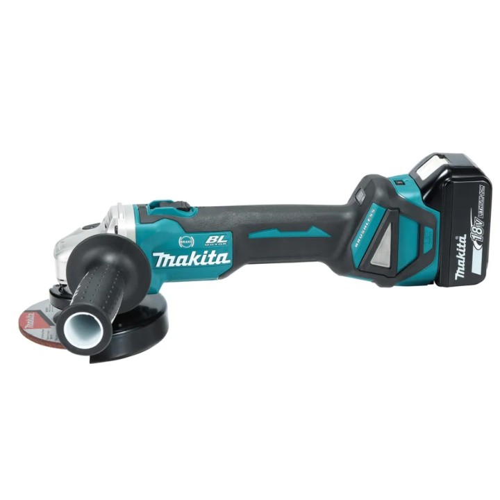Vista laterale della smerigliatrice angolare Makita DGA513RTJ con impugnatura ergonomica
