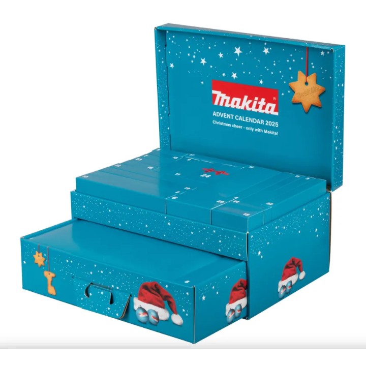 Calendrier Makita 2025 ouvert montrant compartiments et outils