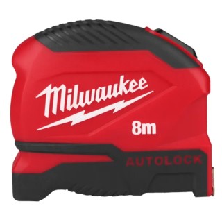 Mètre ruban AUTOLOCK Milwaukee 8 m boîtier rouge et noir, lame 25 mm vue de face