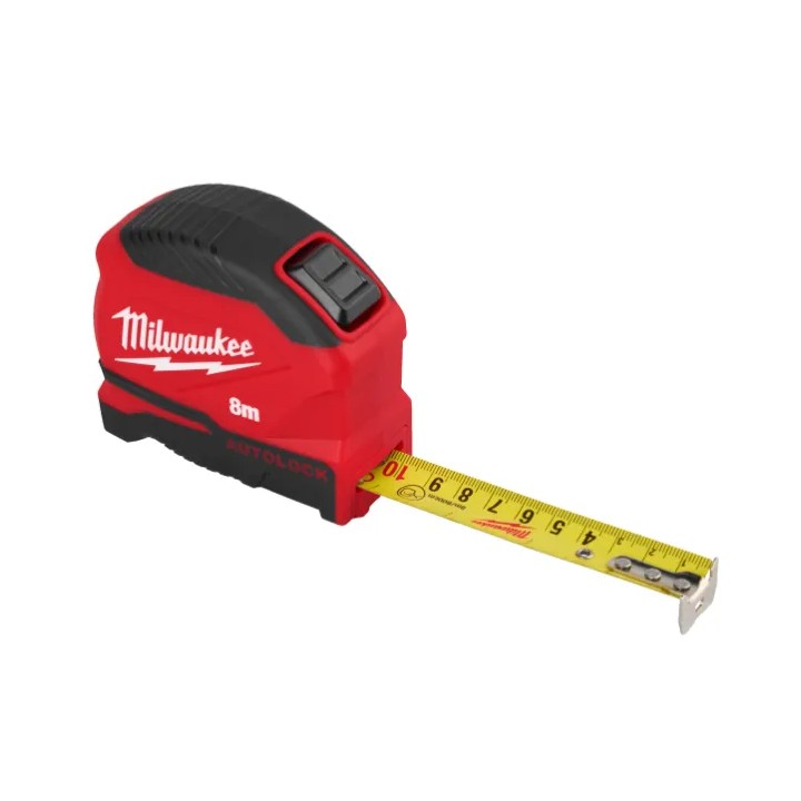 Lame étendue du mètre Milwaukee AUTOLOCK 25 mm montrant les graduations et le revêtement anti-déchirure