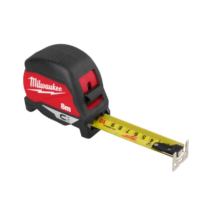 Dettaglio lama 30 mm e gancio magnetico del flessometro MILWAUKEE 8 m