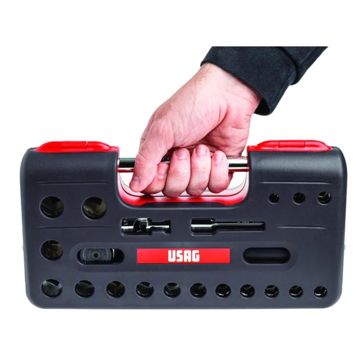 Cassetta USAG U06090027 aperta con 21 bussole esagonali X‑Grip e prolunga utilizzabile come maniglia