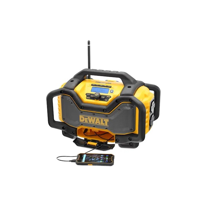 DEWALT DCR027-QW détail des ports USB et entrée AUX 3,5 mm