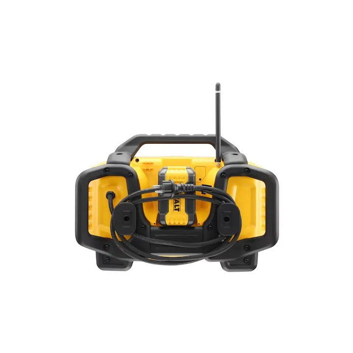 DEWALT DCR027-QW lato con due prese AC e cavo di alimentazione