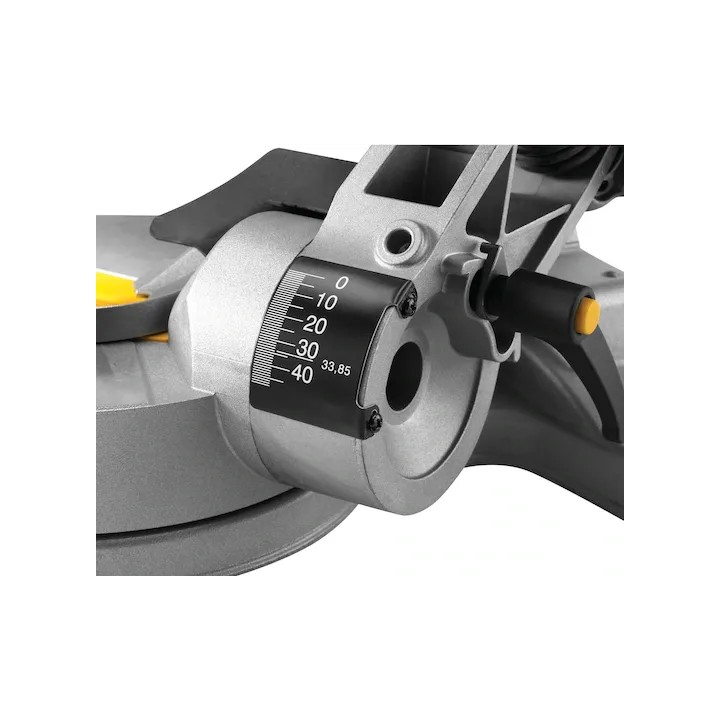 DEWALT DWS778-QS vue latérale avec réglages d'angle