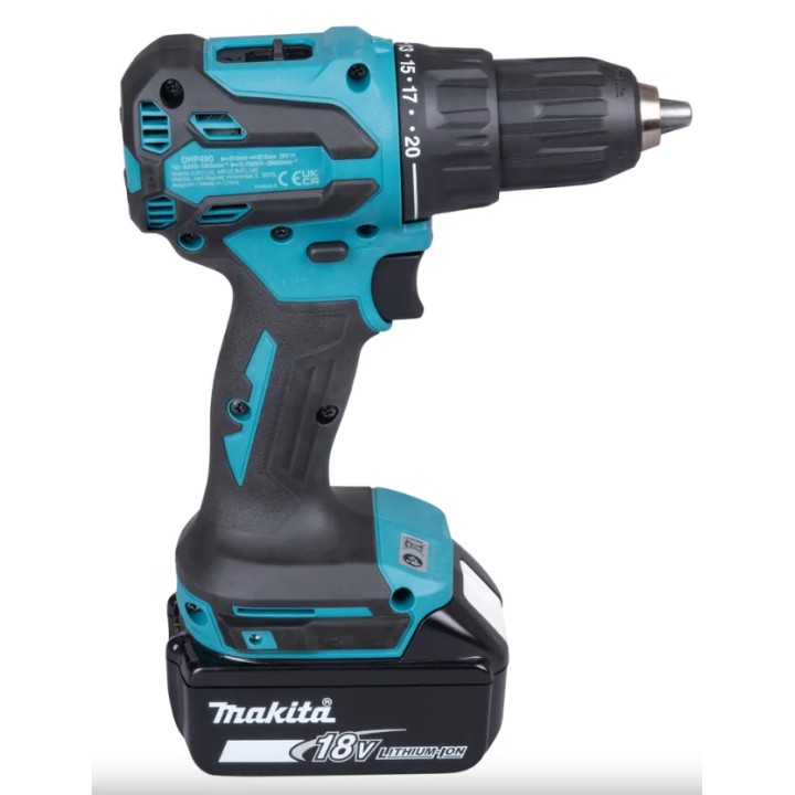 Dettaglio etichetta Makita e modello DHP490RFX3 sul corpo macchina