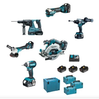 Makita DLX6126JX1 kit LXT 18 V avec 6 outils, 3 batteries et 4 coffrets Makpac